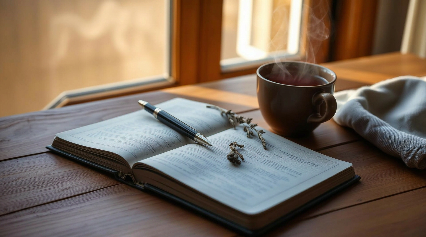 Open linen-bound journal with a fountain pen, dried herbs and a ceramic cup of tea in warm window light