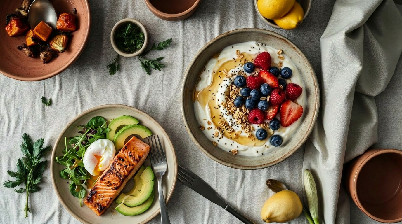 Overhead view of a yogurt and berry breakfast bowl alongside nourishing plated meals with grains, roasted vegetables, herbs and lemon on a linen table